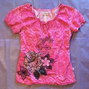 Peaches Leopard Printed Rose Floral Scrub Top Size Small